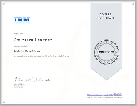 Certificado de Coursera del curso Tools for Data Science, autorizado por IBM, 20 de agosto de 2023.