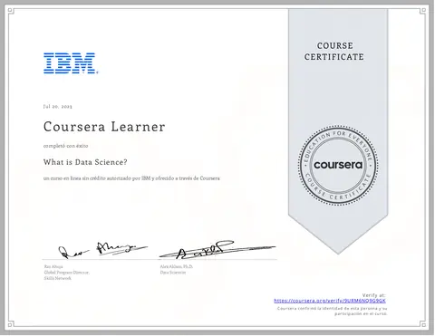 Certificado de Coursera del curso What is Data Science?, autorizado por IBM, 20 de julio de 2023.