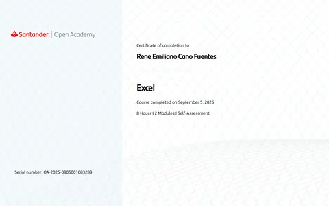 Certificado de finalización de Santander Open Academy: René Emiliano Cano Fuentes, curso Excel, 5 de septiembre de 2025, 8 horas.