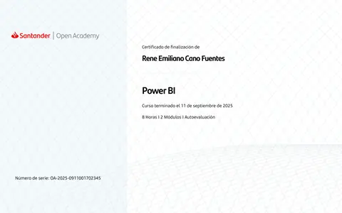 Certificado de finalización de Santander Open Academy: René Emiliano Cano Fuentes, curso Power BI, 11 de septiembre de 2025, 8 horas.