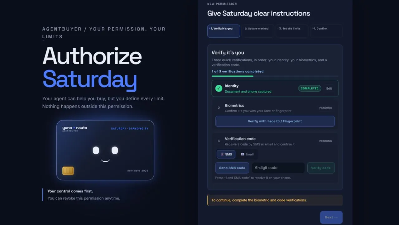 Pantalla «Authorize Saturday» de AgentBuyer: el usuario verifica su identidad paso a paso antes de darle permiso al agente, junto a una tarjeta con la cara del agente.