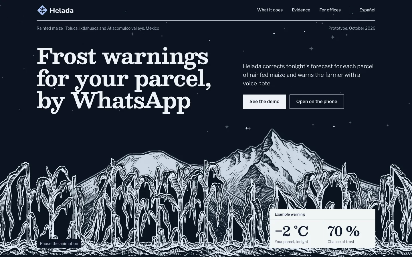 Página de inicio de Helada: «Frost warnings for your parcel, by WhatsApp», con una ilustración de maíz y montañas y un ejemplo de alerta.